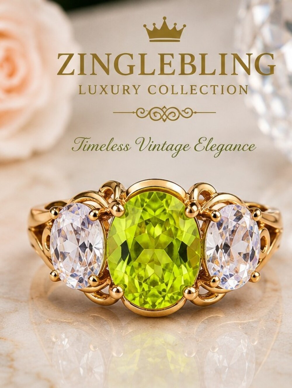 Vintage 1993 Peridot Green AAA+ CZ 18K Gold Plated Ring Size 10 NOS